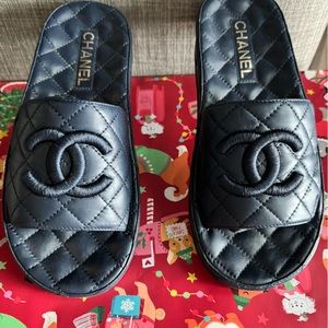 Chanel Quilted Slides in Navy Blue size 38